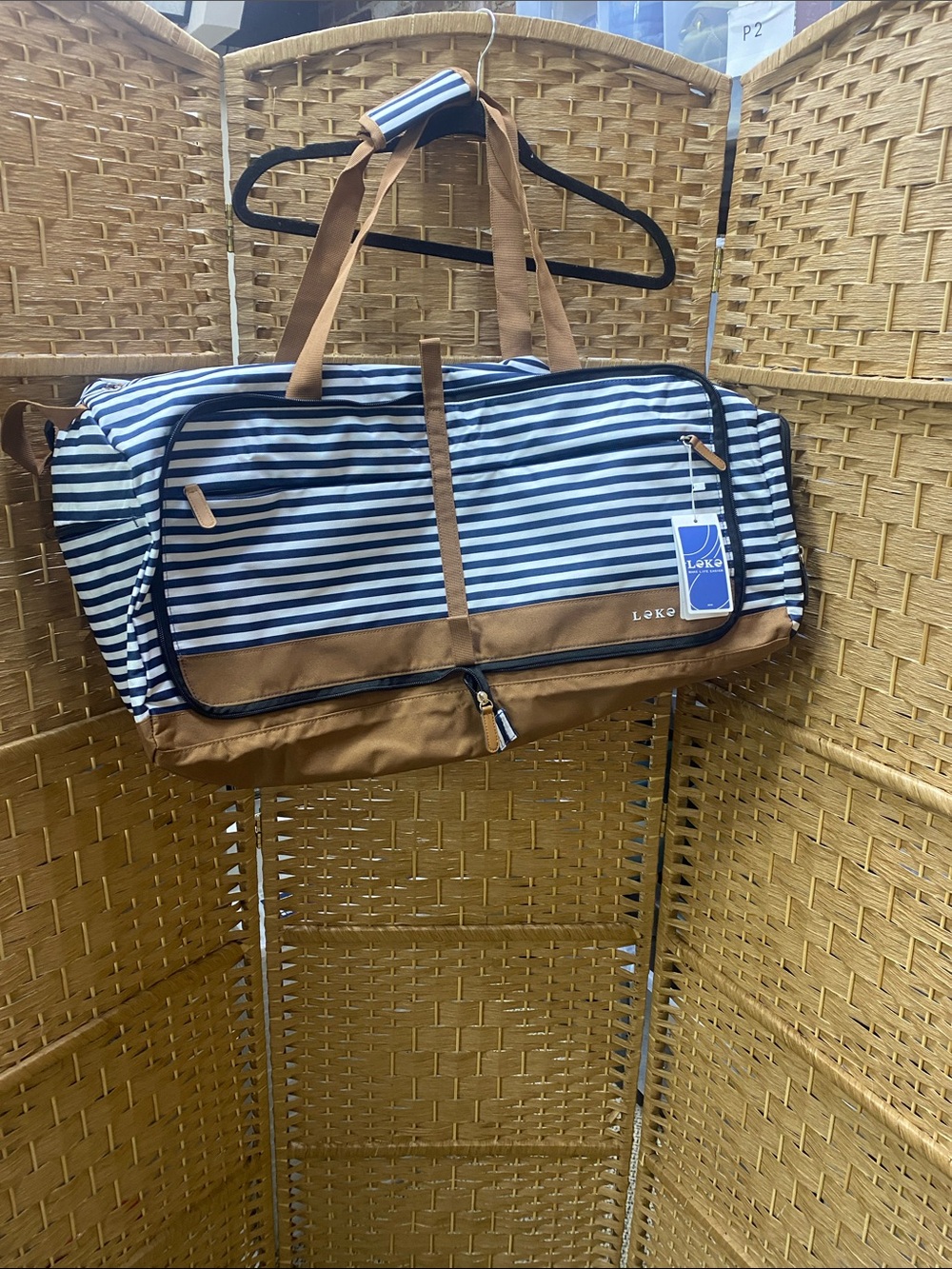 Striped Navy & Brown Travel Duffel Bag by
